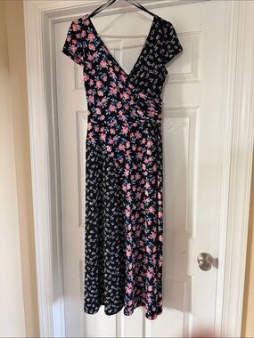 Maggy London Black Floral Wrap Midi Dress with Pink & Blue Flowers